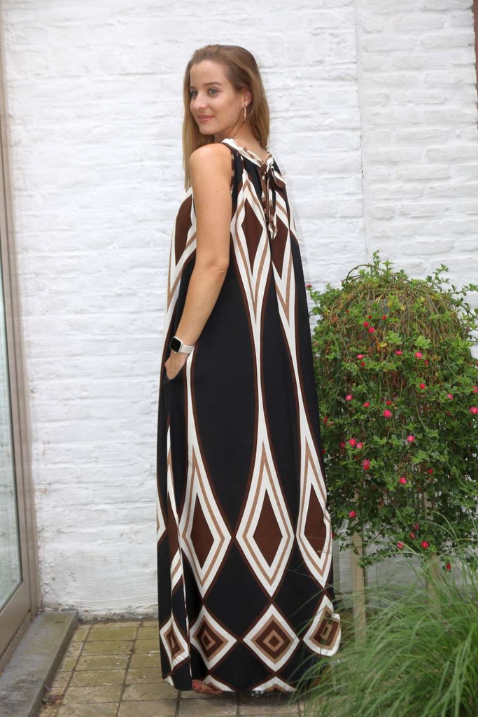Long halter dress Myrthe with plaid nm100 - Zwart-wolwit Detail