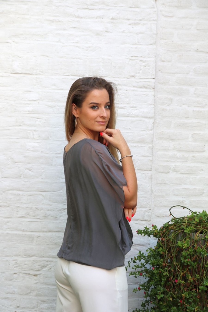 [10017144] Zijde blouse Levi nm98 zijde open hals vleermuismouw - Donkergijs Detail