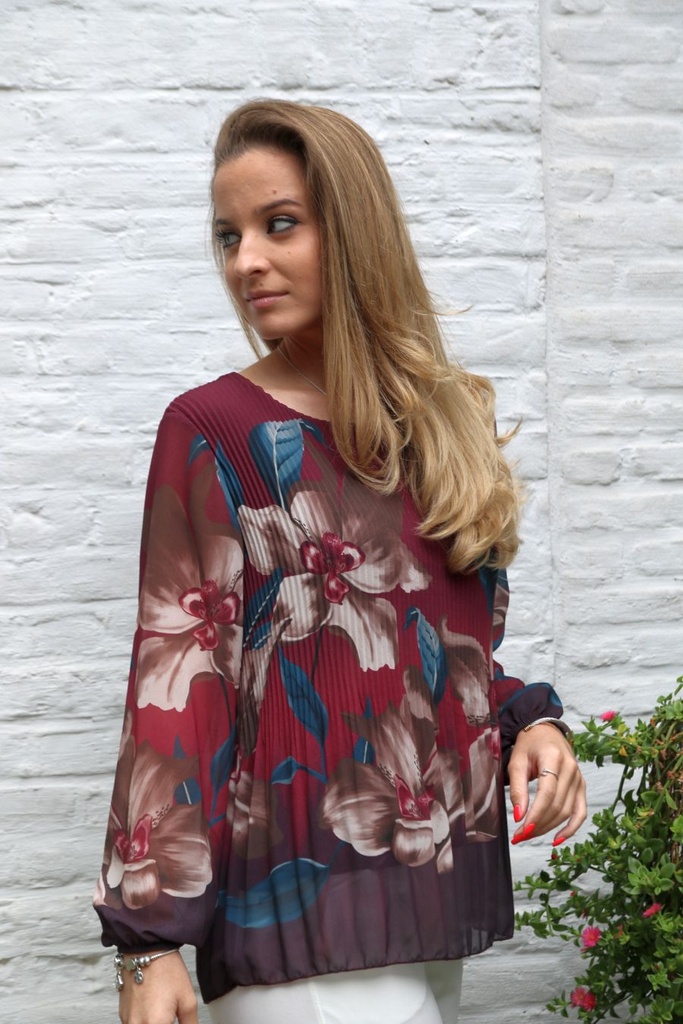 Blouse Lis nm43 XL lelies plissé torso  - Bordeaux-beige Detail