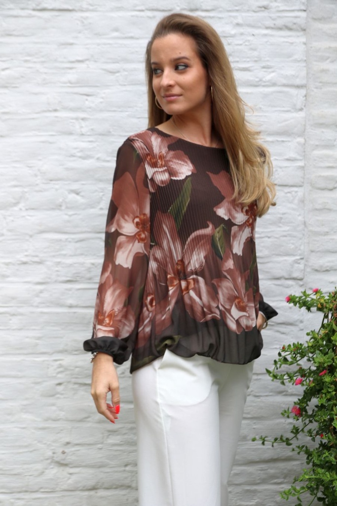 Blouse Lis nm43 XL lelies plissé torso  - Bruin-beige Detail