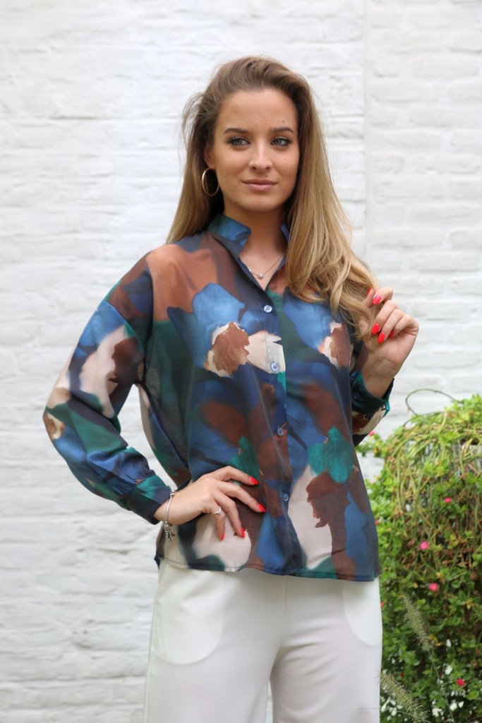 [10017344] Blouse Leonard nm74 wazig geschilderde bloemen Tunesische kraag  - Donkerblauw-bruin Detail