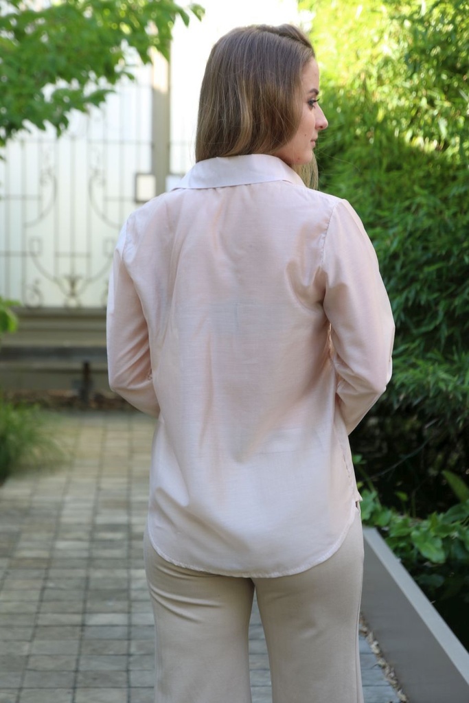 [10017348] Blouse Leona tencel kraag nacré doorgeknoopt - Beige Detail