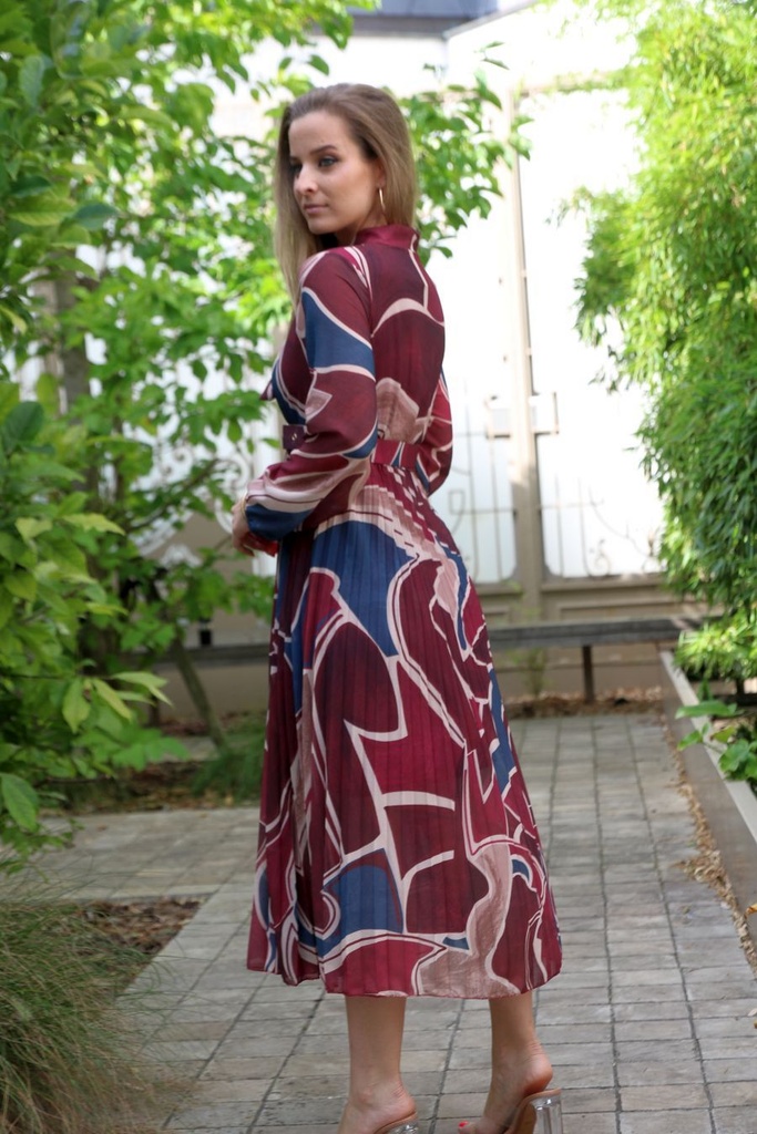 Lova nm34  golvende print opstaande kraag jabot plissé rok - Bordeaux-petroleum Detail