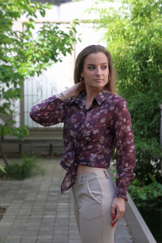Blouse Leandro nm85 bladjesprint tencel kraag  - Bordeaux-beige Detail