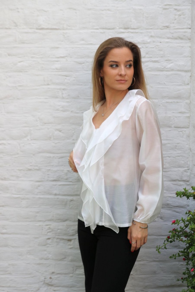 Louen nm85 tencel V-hals dubbele volant - Wit Detail