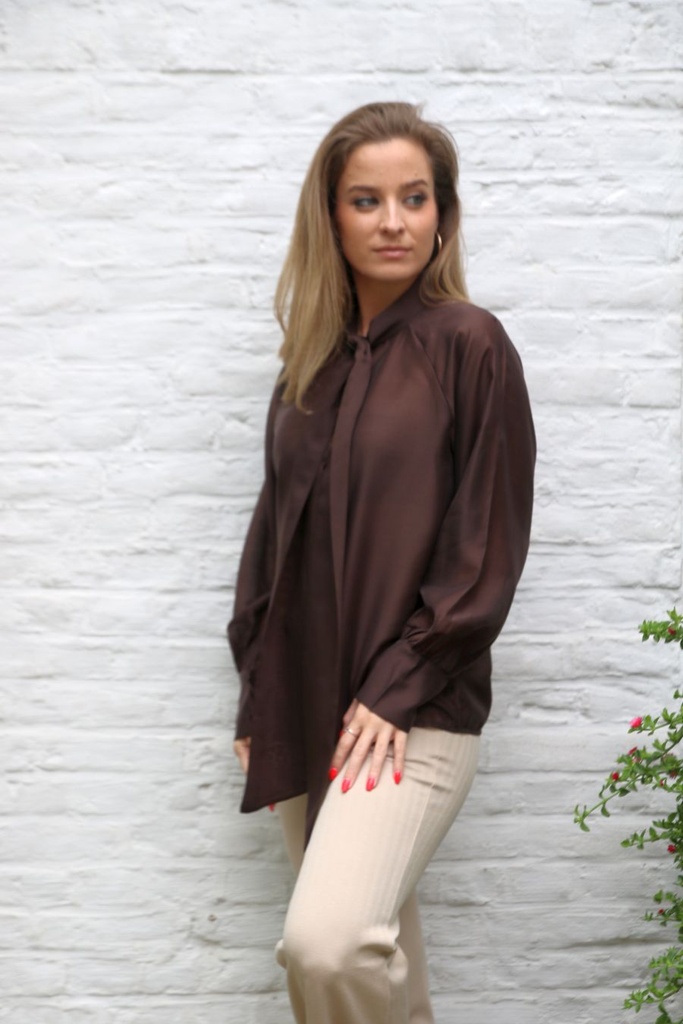 [10017358] Blouse Lesley nm85 tencel lange jabot  - Bruin Detail