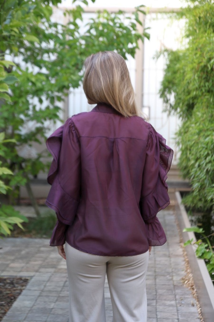 [10017347] Blouse Linsey nm85 tencel kraag dubbele buste en mouwvolant  - Bordeaux Detail