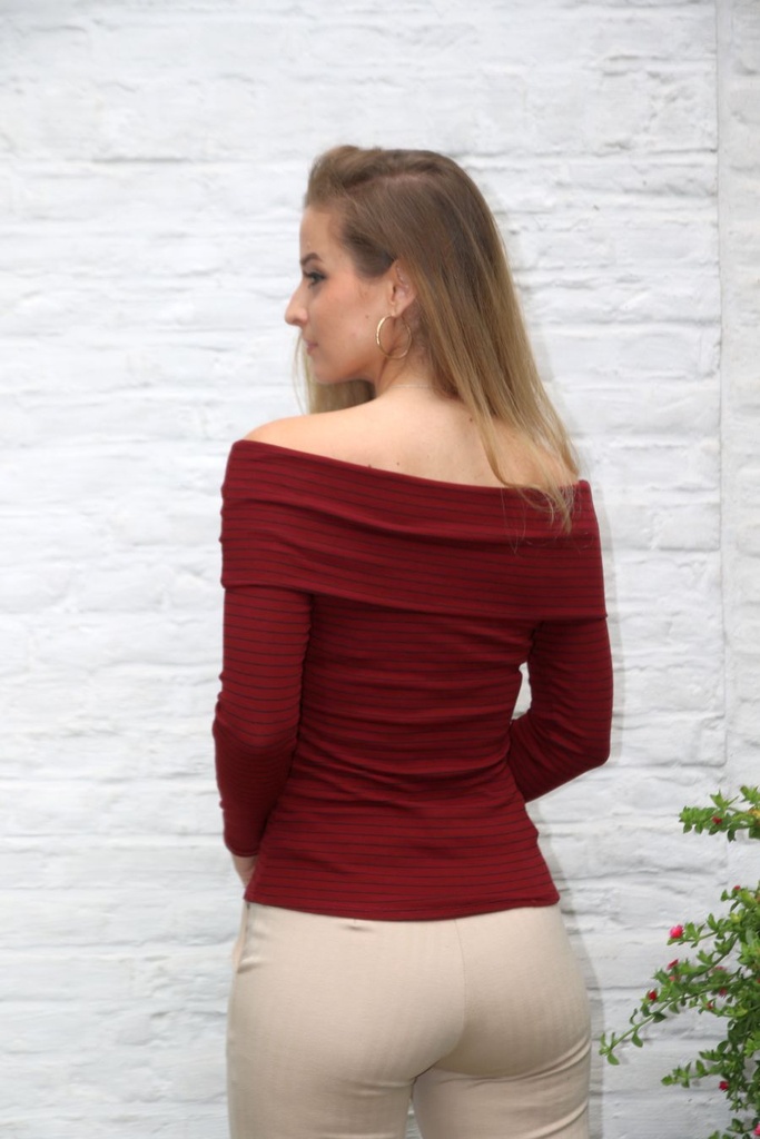 Pul  Leia nm30 off-shoulder fijn gelijnd  - Bordeaux-zwart Detail
