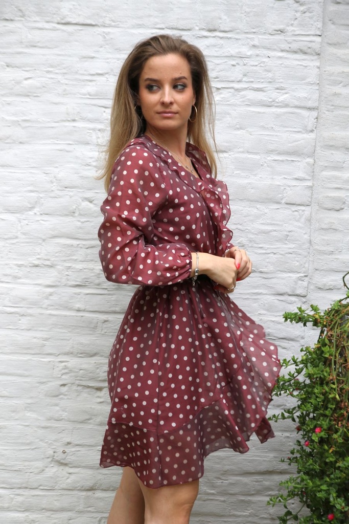 Jurk Liana nm85 tencel bolletjes V dubbele volant enveloprok - Bordeaux-wit Detail
