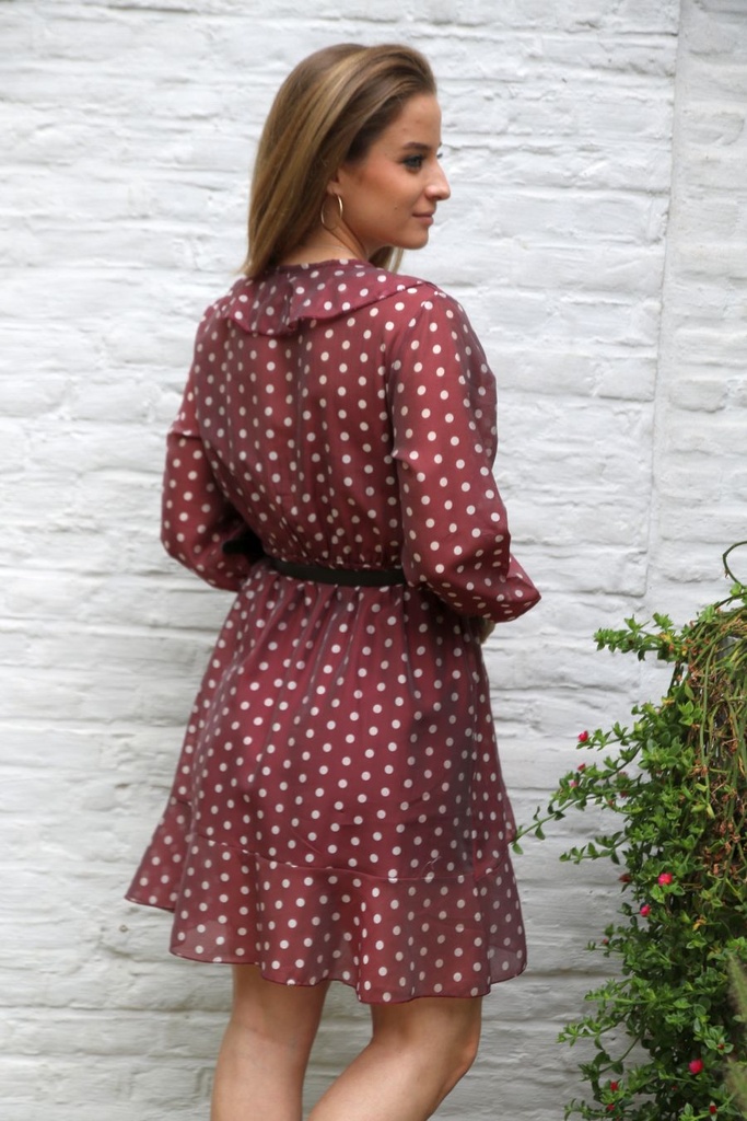 Jurk Liana nm85 tencel bolletjes V dubbele volant enveloprok - Bordeaux-wit Detail