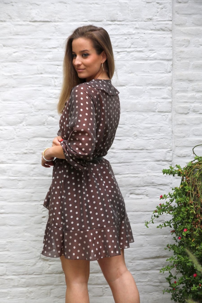 Jurk Liana nm85 tencel bolletjes V dubbele volant enveloprok - Bruin-wit Detail