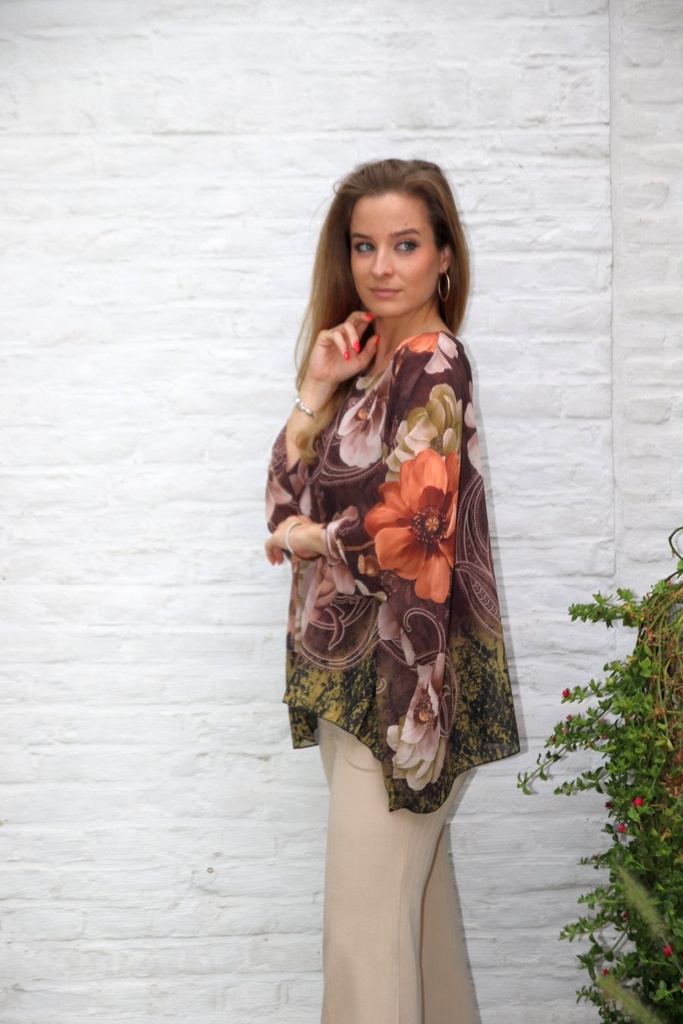 [10017364] Blouse Lian nm43 anemonen en kasjmierbloem open hals  - Bruin-beige Detail
