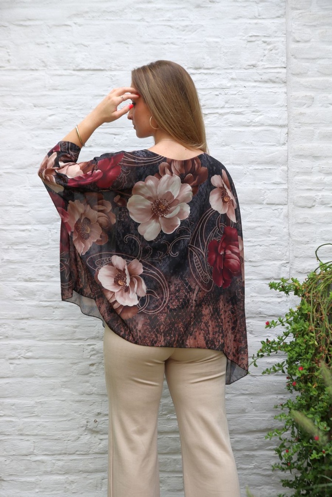 [10017364] Blouse Lian nm43 anemonen en kasjmierbloem open hals  - Zwart_beige Detail