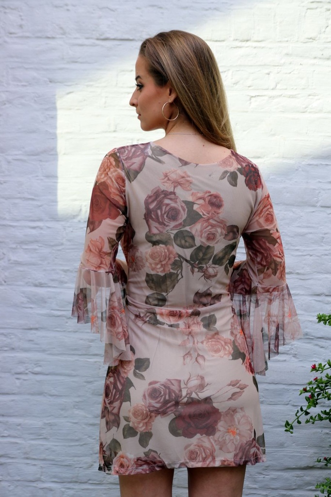 Blouse Lodewijk nm38 rozen op netstof trompetmanchet  - Beige Detail