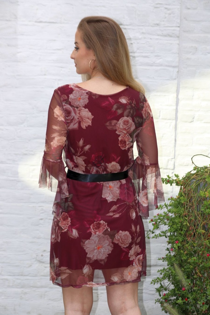Blouse Lodewijk nm38 rozen op netstof trompetmanchet  - Bordeaux-beige Detail