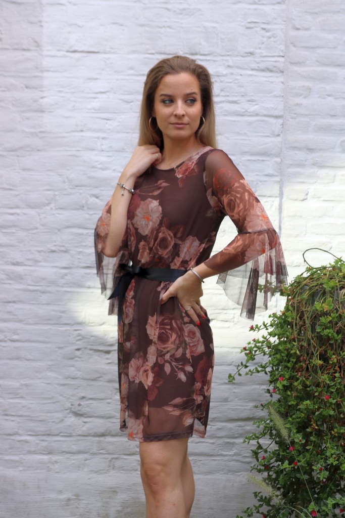 Blouse Lodewijk nm38 rozen op netstof trompetmanchet  - Bruin)beige Detail