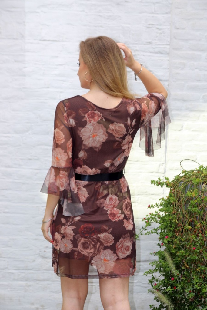 Blouse Lodewijk nm38 rozen op netstof trompetmanchet  - Bruin)beige Detail