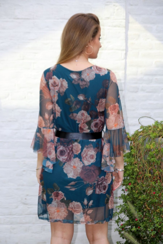 Blouse Lodewijk nm38 rozen op netstof trompetmanchet  - Petroleum-beige Detail