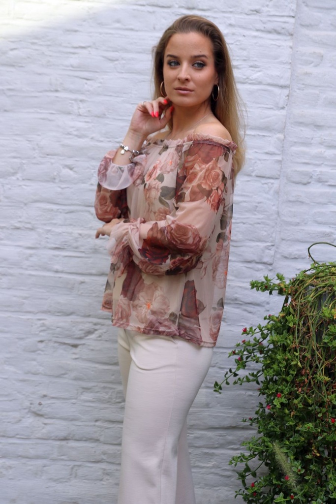 [10017366] Blouse Leya nm43 rozen netstof off-shoulder manchetvolant - Beige-bruin Detail