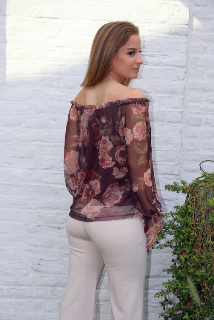 [10017366] Blouse Leya nm43 rozen netstof off-shoulder manchetvolant - Bruin-roze Detail