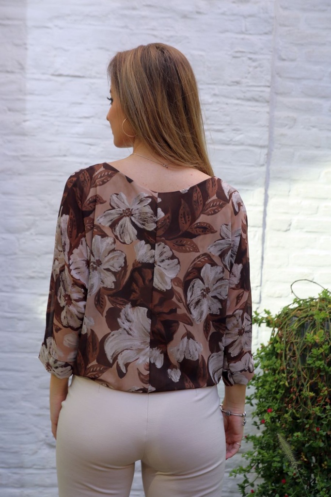 Bloemenblouse Marcel met taillestrik nm48 - Bruin-beige Detail