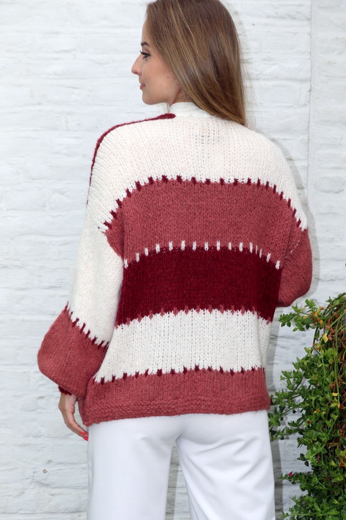 [10017270] Cardigan Lorena nm18 brede streepjacquard - Bordeaux-wolwit Detail