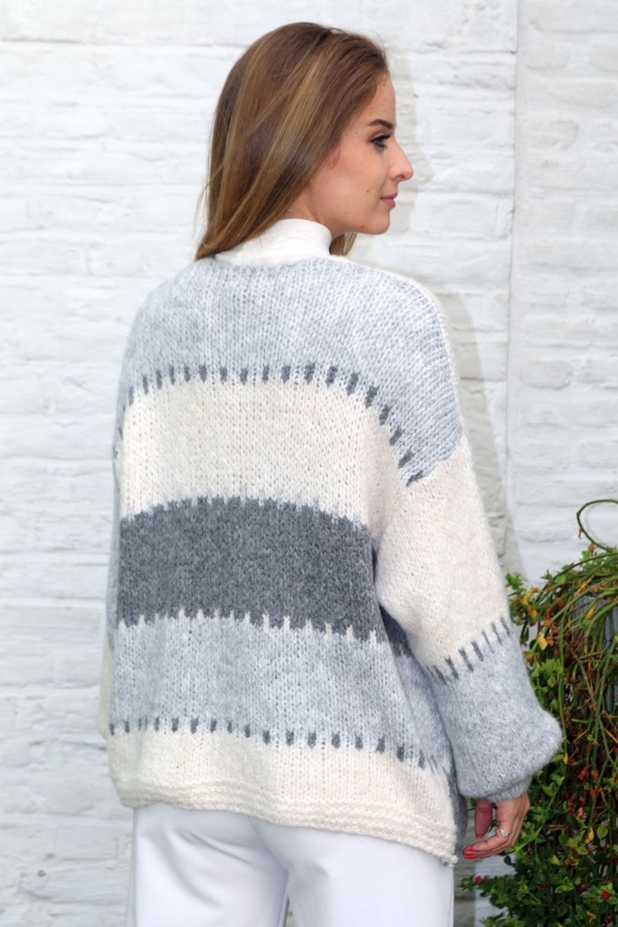 [10017270] Cardigan Lorena nm18 brede streepjacquard - Grijs-wolwit Detail