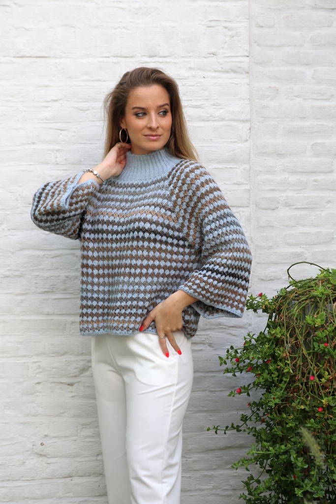 Pul Lyo nm26  piqué jacquard opstaande geribde kraag - Lichtblauw-camel Detail
