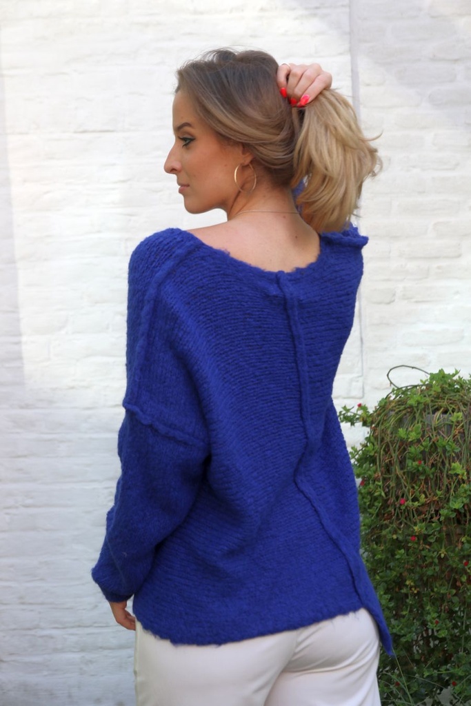 [10017426] Pul Lysanne nm28 V-hals dikker garen asymmetrische zoom mohair en wol - Koningsblauw Detail