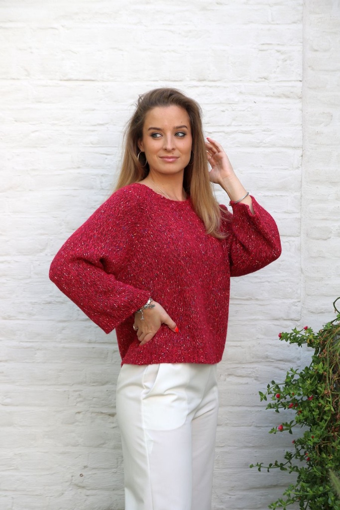 Pul Lene nm28 spikkel rugsplit striklint open hals losse mouw - Indisch rood Detail