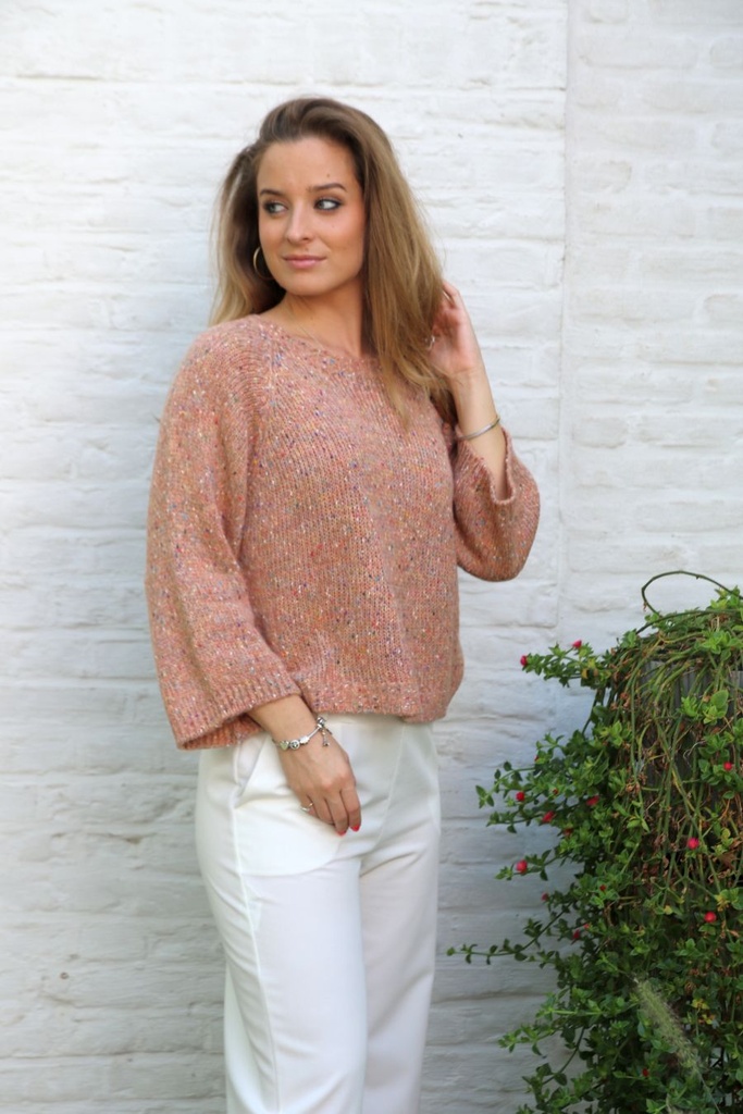 Pul Lene nm28 spikkel rugsplit striklint open hals losse mouw - Zalm Detail