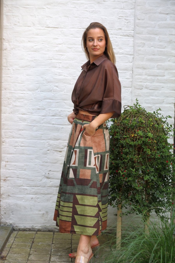 Bell skirt Jaydian nm100 geometric prints 3 jump pleats - Kaki-camel Detail