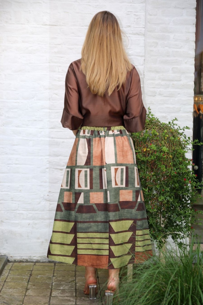 Bell skirt Jaydian nm100 geometric prints 3 jump pleats - Kaki-camel Detail