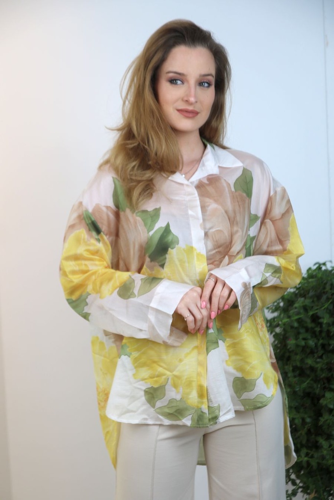 Organza blouse 7020n7 Juun nm85 XL anemone print on tencel organza collar nacré buttoned through