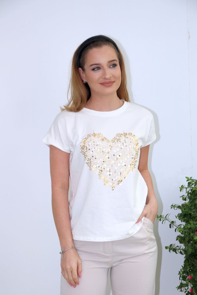 T-shirt Jeslyn XL paillettes en forme de cœur plaquées or