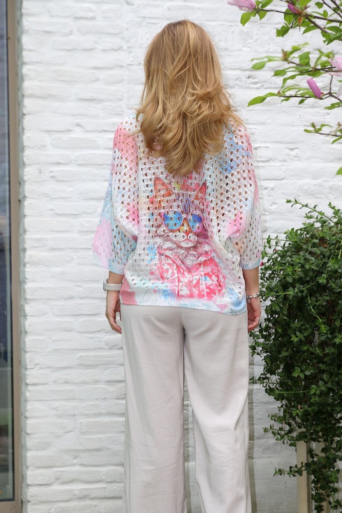 Pul Jacelyn cat with sunglasses openwork bat sleeve