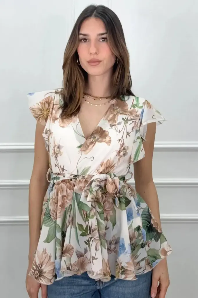 Blouse Jaslynn bloemen volantmouw gekruist V-hals