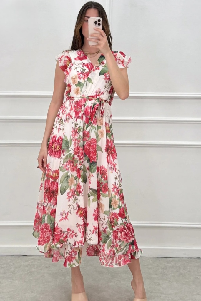 Robe longue à fleurs Jinane manches capuchon décolleté en V croisé