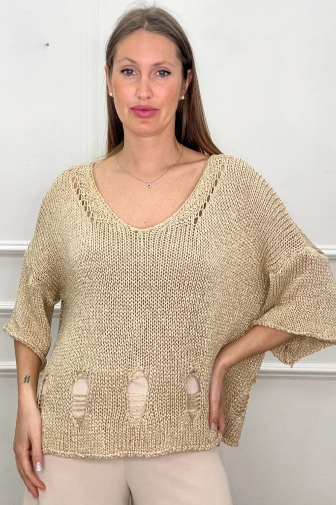 Pull Glamy Joanie ajour point de perle encolure en V