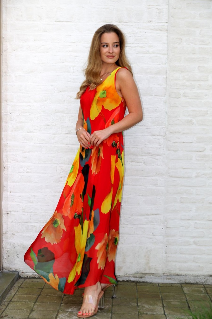 Silk long dress Jolinde colorful hazy floral print wide suspenders