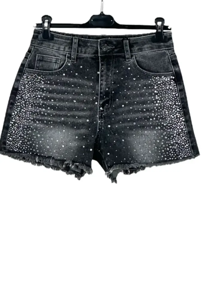 Short en jean Jaanvi strass effiloché