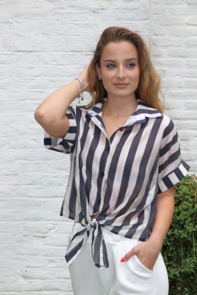 Tencel blouse Jurr nm85 brede streep tailleknoop