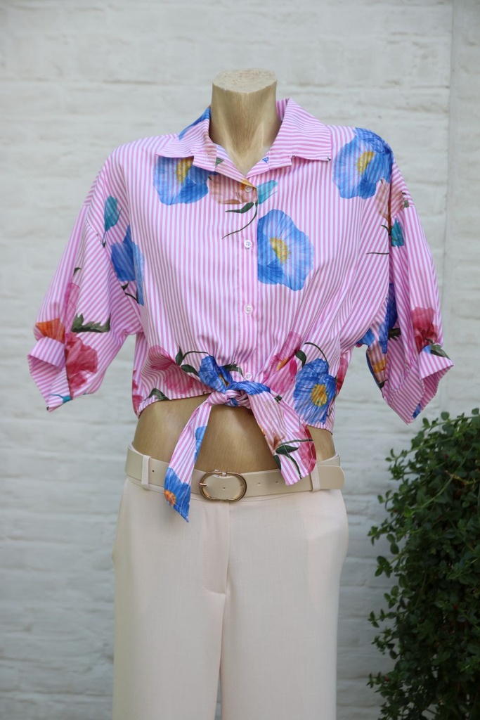 Blouse Jeremi nm100 gebloemd gelijnd kraag tailleknoop gepofte mouw
