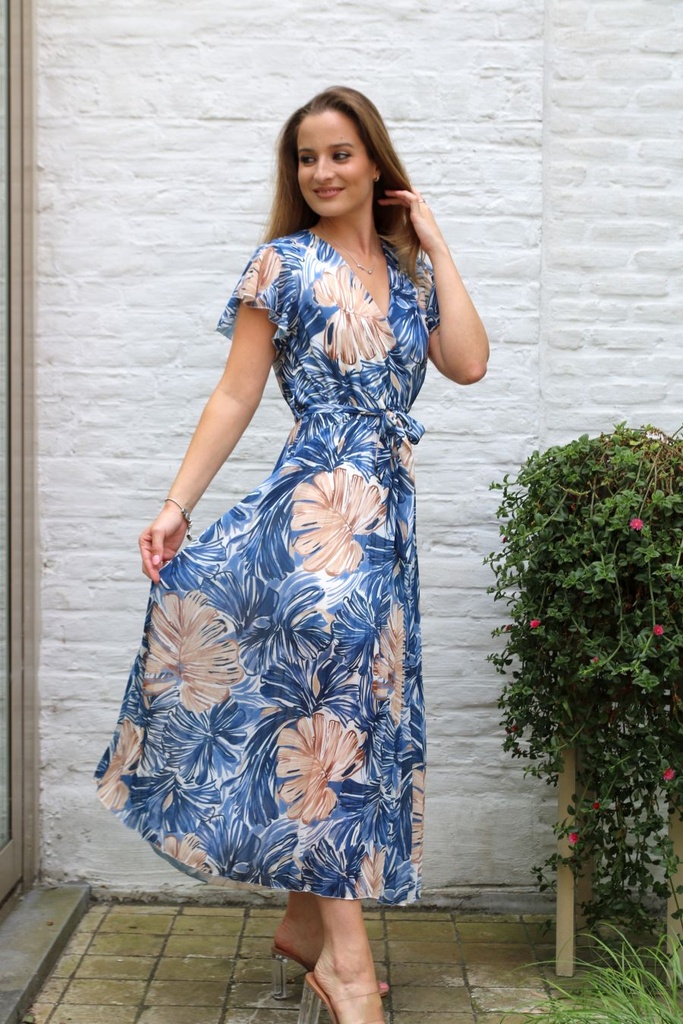 Long dress Jasim nm34 mustard leaves crossed V-neckline