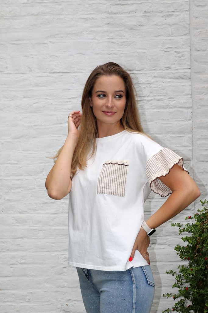 T-shirt Janno nm90 borstzakje en mouwvolant gelijnde damast kant afgeboord