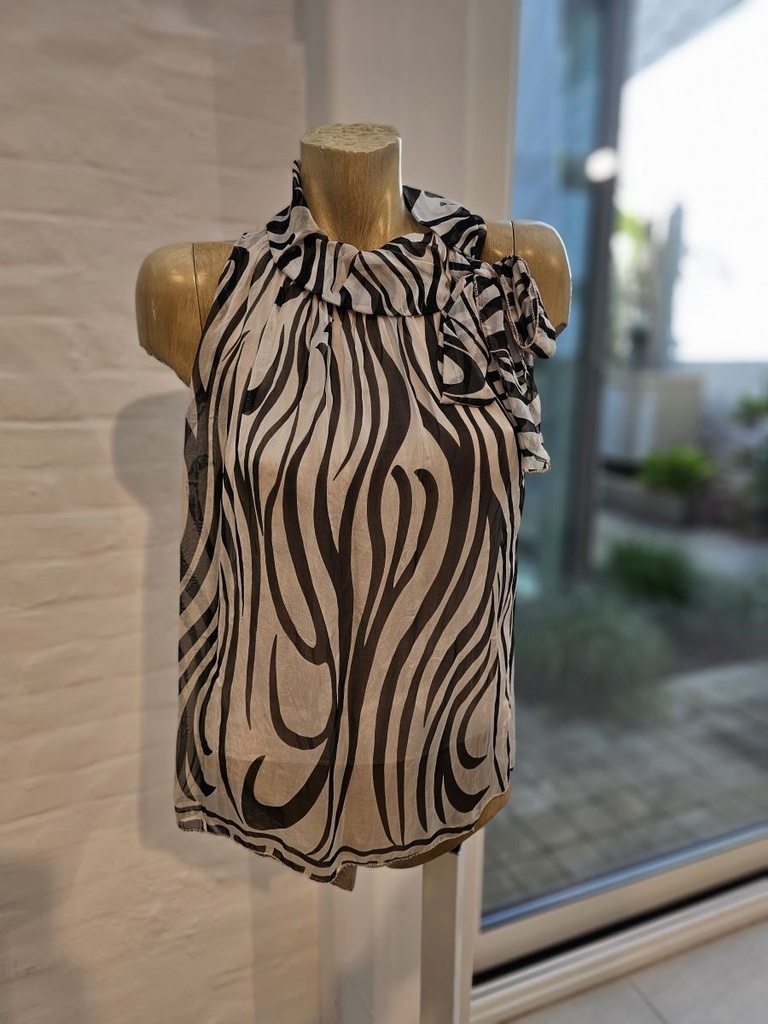 Mouwloze zijde blouseL iv nm98 opstaande kraag met strik