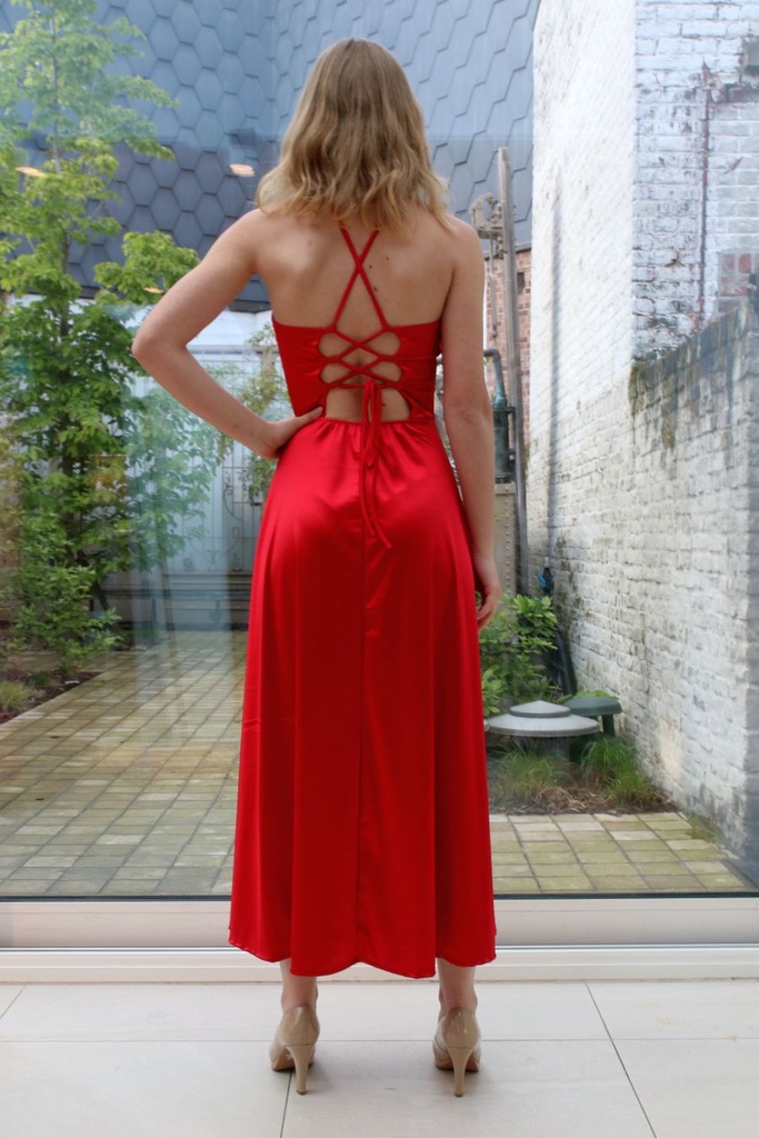 Long satin dress spahetti straps open back crossed ribbon