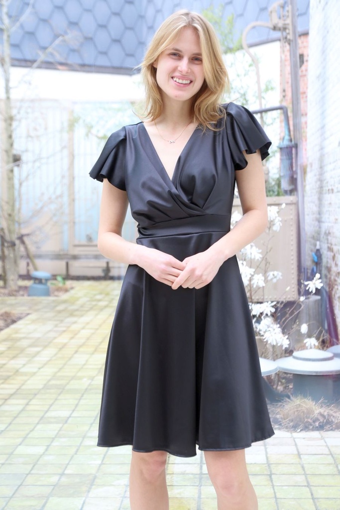 Satin cocktail dress Lauren crossed V-neck volant sleeve bell skirt