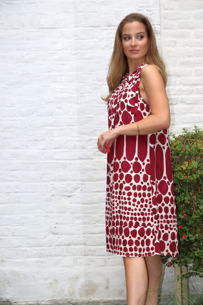 Robe d'été Jayin nm100 à pois et imprimé ovale décolleté et nœud.