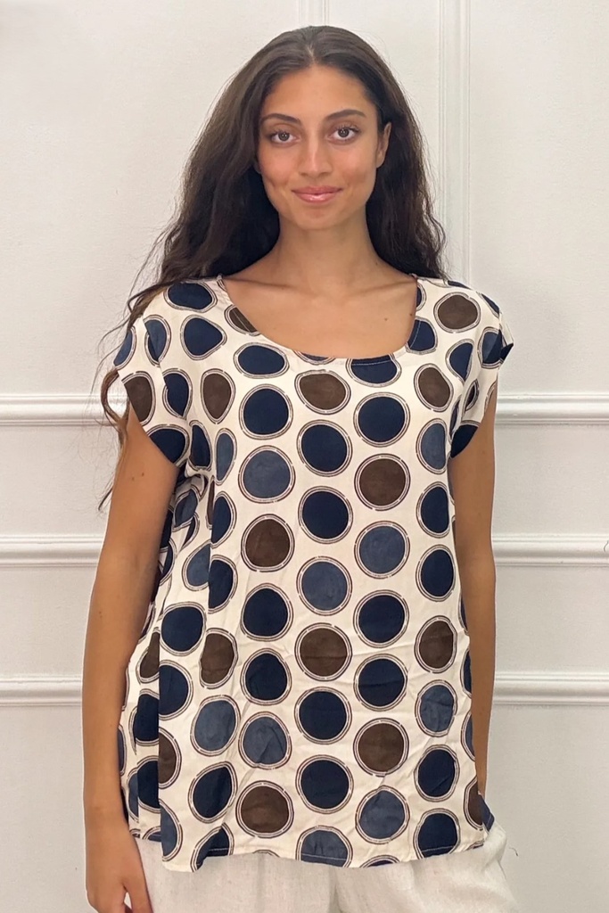 Blouse Lois nm100 open hals bollenprint rugsplit vergulde knop